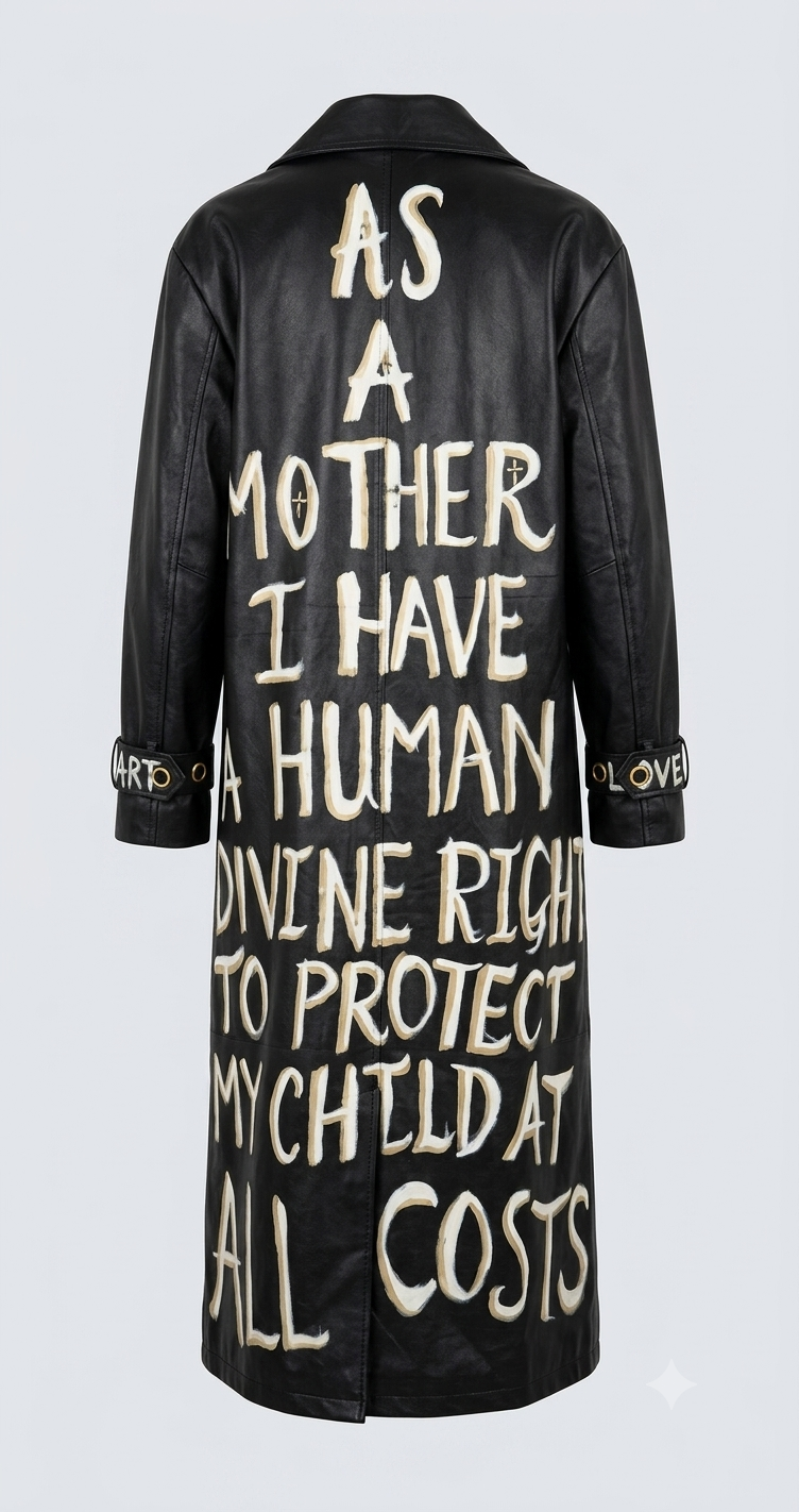 [As A Mother I Have A Human Divine Right To Protect My Child At All Costs] Protest Hand painted maxi leather trench coat